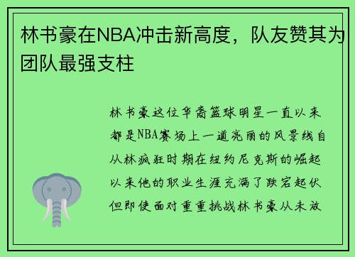 林书豪在NBA冲击新高度，队友赞其为团队最强支柱